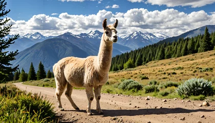 Fotobehang Lama Le paysage montagneux avec un lama  © SolarisKG