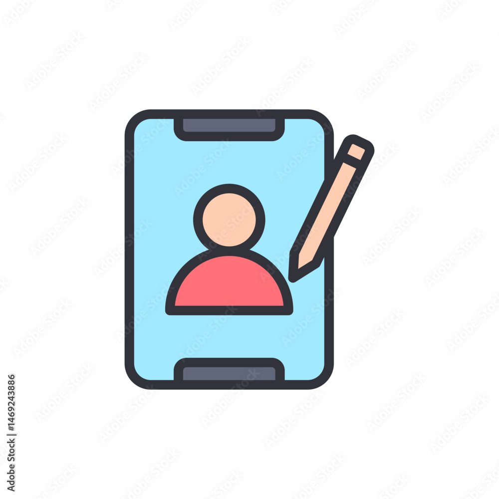 Poster stylized illustration of profile creation and editing on a mobile device
