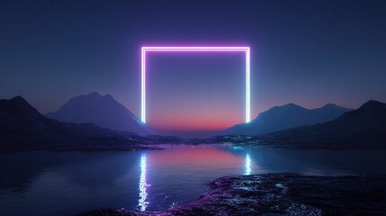 Fototapeta premium Vibrant Neon Geometric Rhombus in Serene Landscape at Dusk