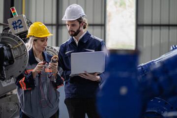 Robotic engineer team standing together meeting at factory discussing electronic robot machine...