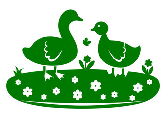 Green duck family in a garden design suitable for decorative and children's projects