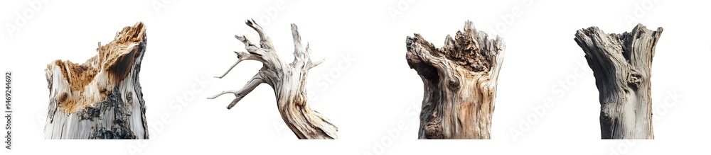 Poster set of multiple abstract sculpted forms showing complex textures and details. isolated on transparen