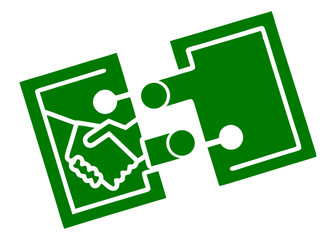 Green geometric agreement icon depicting partnership deal and collaboration on white background