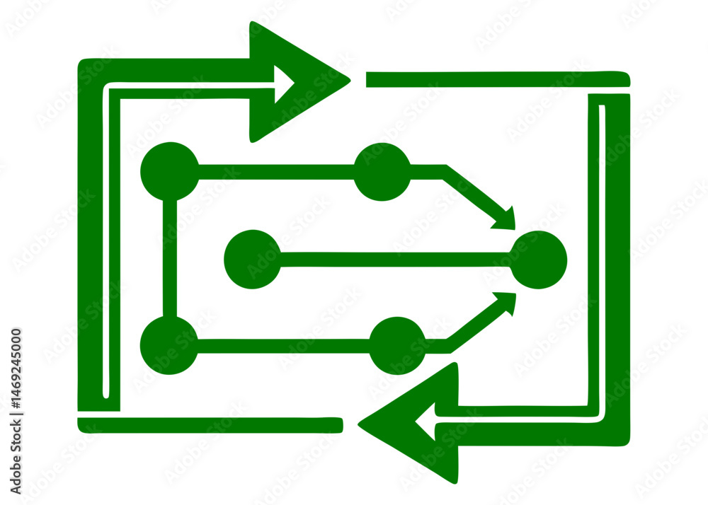 Poster green process flowchart diagram with arrows and connecting nodes on transparent background