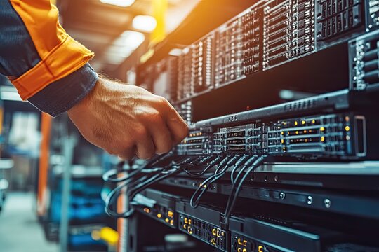 Technician working on server rack