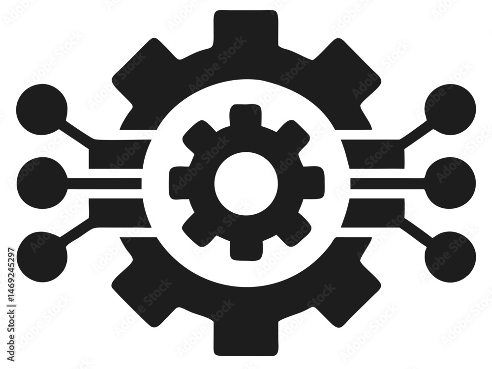 Poster machine learning gear icon design showing digital data processing and technology concepts