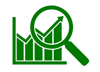 Green upward trend graph with magnifying glass on transparent background
