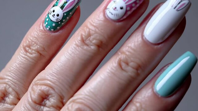 Creative easterthemed nail art progression with bunny designs and colorful patterns
