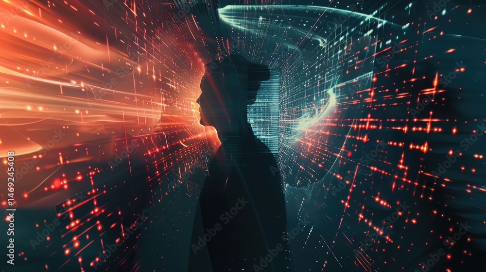 Poster abstract digital tunnel with glowing blue and orange light. digital artwork of portal made from geom