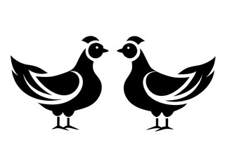 Minimalist black silhouette design depicting a hen and a duck facing each other