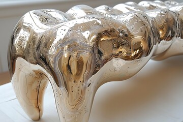 Polished bronze sculpture, intricate surface design.