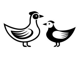 Minimalist black silhouette design of a hen and duck facing each other in simple style