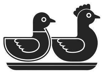 Minimalist black silhouette design featuring a duck and hen facing each other