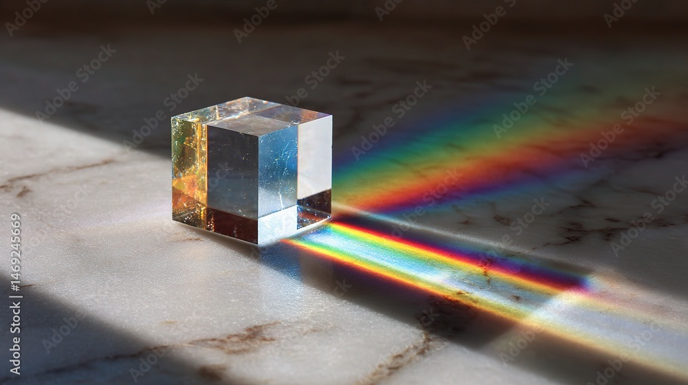 Poster light reflecting through prism creating rainbow beam effect