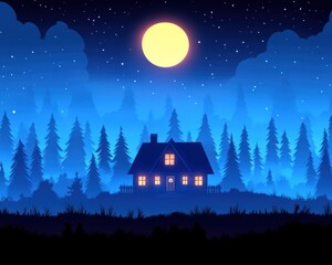 Fototapeta premium Nighttime forest scene with cozy cabin