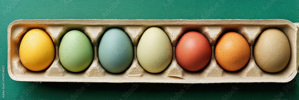Aufkleber colored eggs in recycled paper box arranged on green gradient background for festive celebrations ge