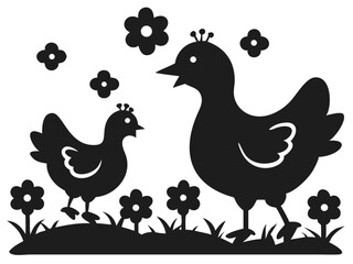 Silhouette design depicting a mother hen and duck side by side on a white background