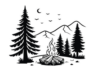 Obraz premium Fire Camp Illustration Clip Art Design Shape. Outdoor Adventure Silhouette Icon Vector