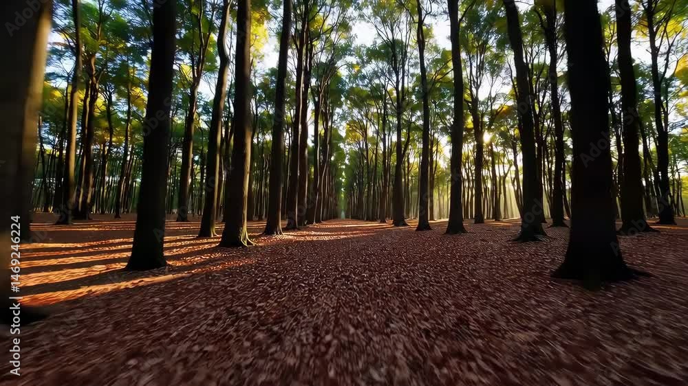 Poster sunlit forest path with moving shadows of tall trees in tranquil morning light