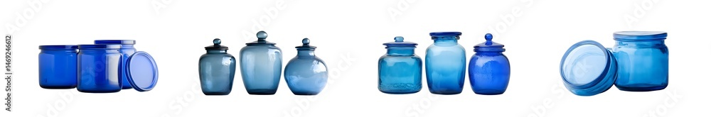 Poster set of different shapes and sizes of blue glass container isolated on transparent background