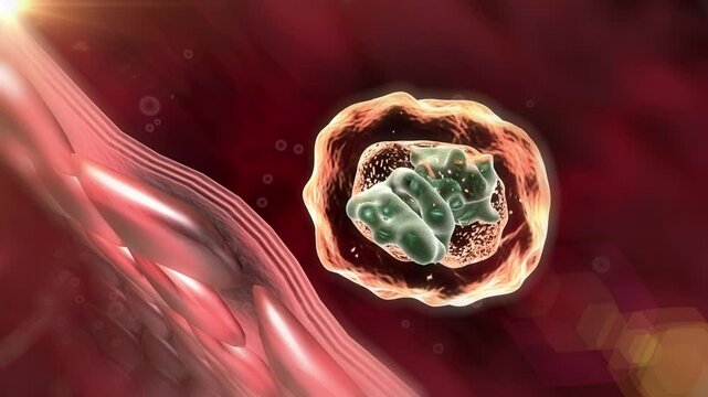Macrophage uproots the virus and engulfs it to dissipate, T cell, B cell, immune cells, immunotherapy, close-up of the interior of the immune system, medicine  treatment, 3D animation.