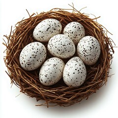A beautifully arranged nest containing speckled eggs, symbolizing nature, spring, and new beginnings, perfect for seasonal decor or wildlife themes.