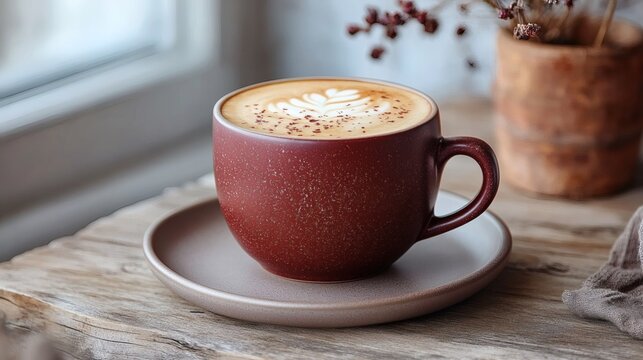 Maroon ceramic coffee cup with foamy top on matte saucer against neutral surface highlighting soft lighting comfort mood warm tones and tasteful beverage presentation,
