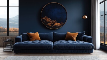 Modern living room interior design with large sofa and artwork.