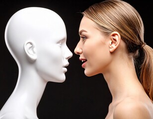 Mannequin talking to a woman over black background, artificial intelligence in modern world, human identity concept