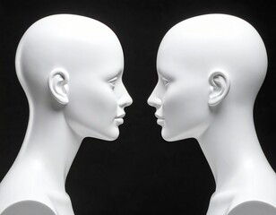 Two mannequin heads talking over black background, talking heads concept