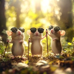 Three blind mice wearing black sunglasses and holding canes, standing together in a forest with sunlight, depicting humor, fairy tale, and creative concept ..
