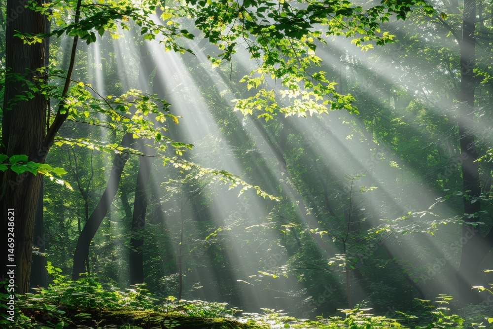Poster sunlight streams through a lush forest, creating a serene atmosphere.