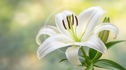 A delicate white lily in full bloom, with soft sunlight highlighting the intricate details of its petals.