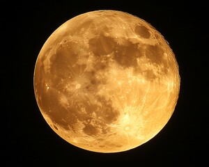 Full, golden moon shining in night sky.