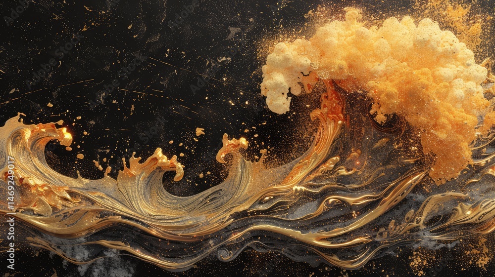 Poster abstract of black and gold color particle waving in luxury style design. modern art present about se