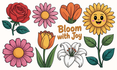 Set of cute flowers and leaves. Hand drawn vector illustration in cartoon style.