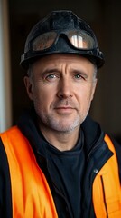 Fototapeta premium Portrait of a construction worker in safety gear, showcasing determination and professionalism in a work environment.