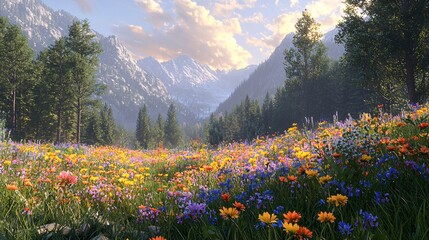 Valley scenery with blooming flowers