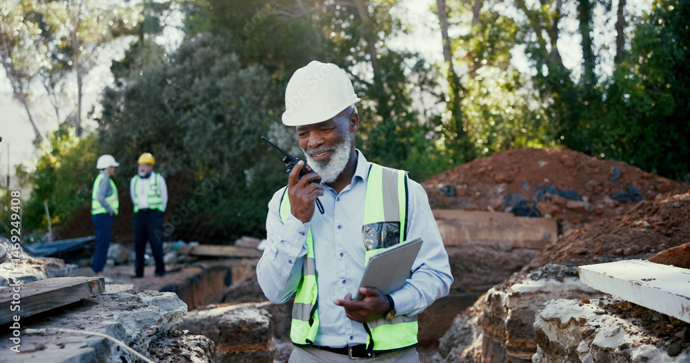 Poster building, radio and tablet with developer man on excavation site for communication, planning or upda
