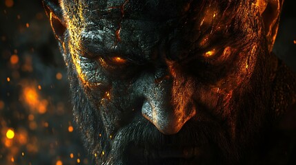 Dramatic close-up of a fierce warrior's face with glowing eyes, featuring intricate textures and fiery sparks, evoking power and strength.