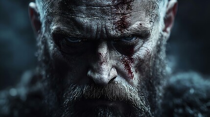 Intense close-up of a fierce warrior's face with scars and a rugged beard, exuding strength and determination.