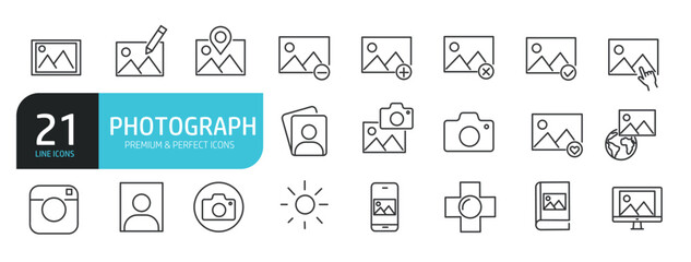Set of line icons related to photograph, picture, image. Outline icons collection. Editable stroke. Vector illustration stock illustration