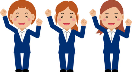 大きな身振りで応援する紺色スーツの若い女性。その2