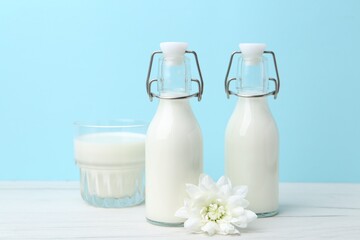 Fresh milk and flower on white table against light blue background