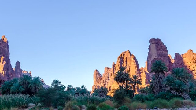 Timelapse of sunrise to sunset over dramatic rock formations in Wadi Disah, Saudi Arabia. Vibrant sky transitions cast dynamic light on towering cliffs, canyons, and desert terrain. 