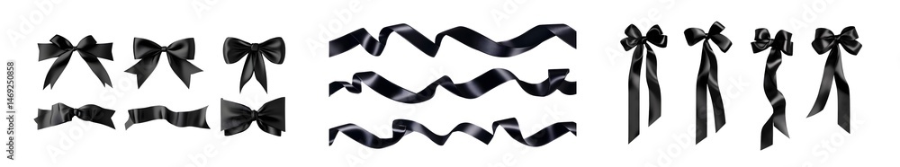 Poster set of dark bows in various styles, isolated on transparent background