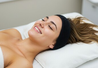 Fototapeta premium Woman smiling with eyes closed lying on a white pillow wearing black headband