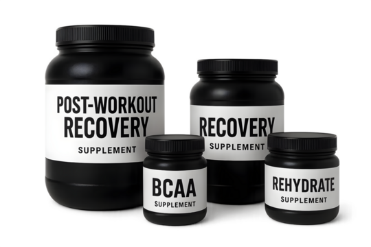 Four black supplement containers labeled Post-Workout Recovery, Recovery, BCAA, and Rehydrate. Concept Supplement Identification, Post-Workout Recovery Benefits, BCAA Explained, Hydration Importance