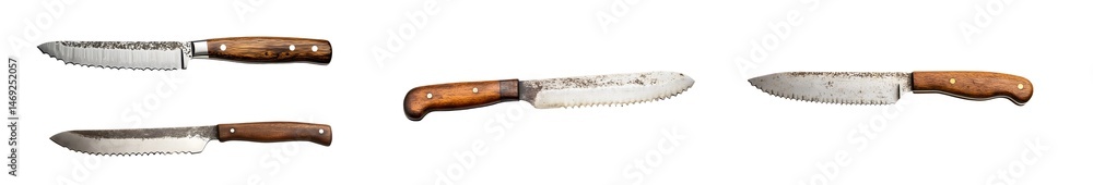 Poster set of antique knives with wooden handles are displayed horizontally on a dark surface. isolated on 