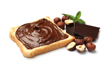 Toast with chocolate hazelnut spread, nuts, pieces of chocolate and mint isolated on white